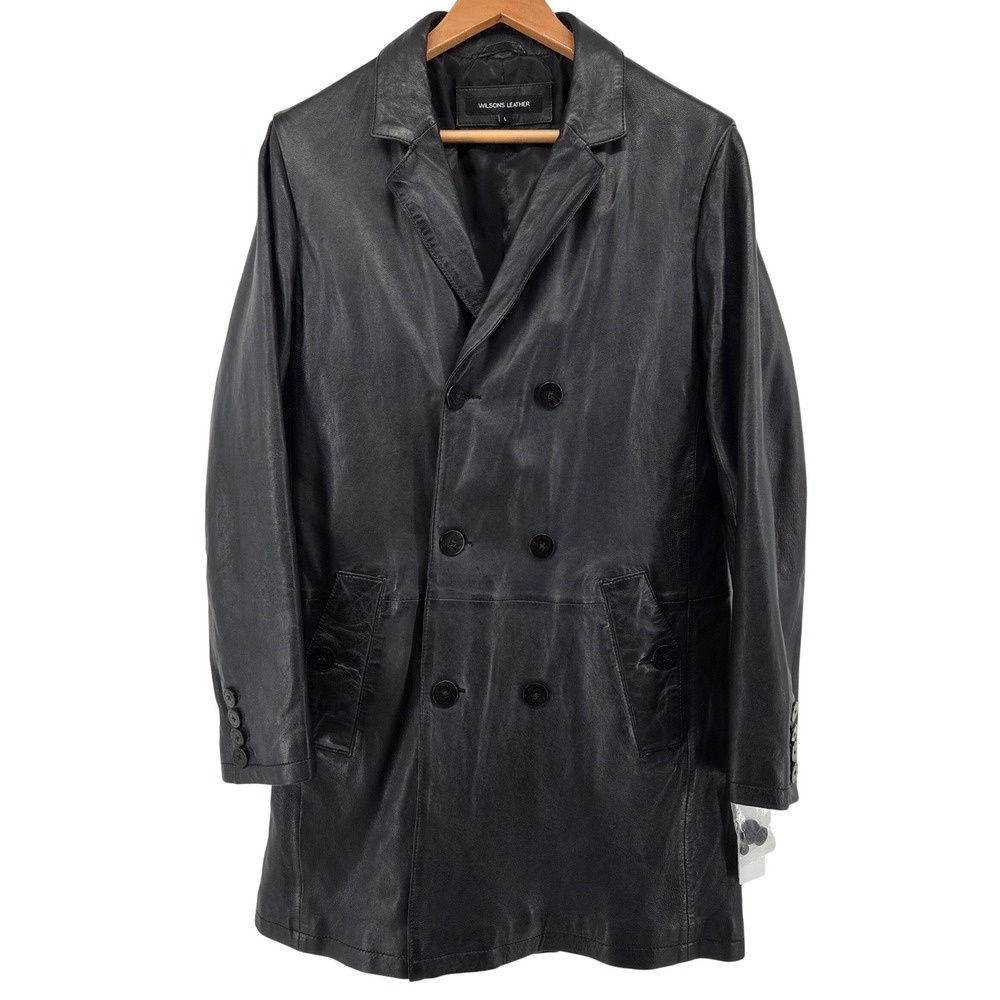 Wilsons Leather Men's Black Genuine Leather Double Breasted Trench Car Coat L